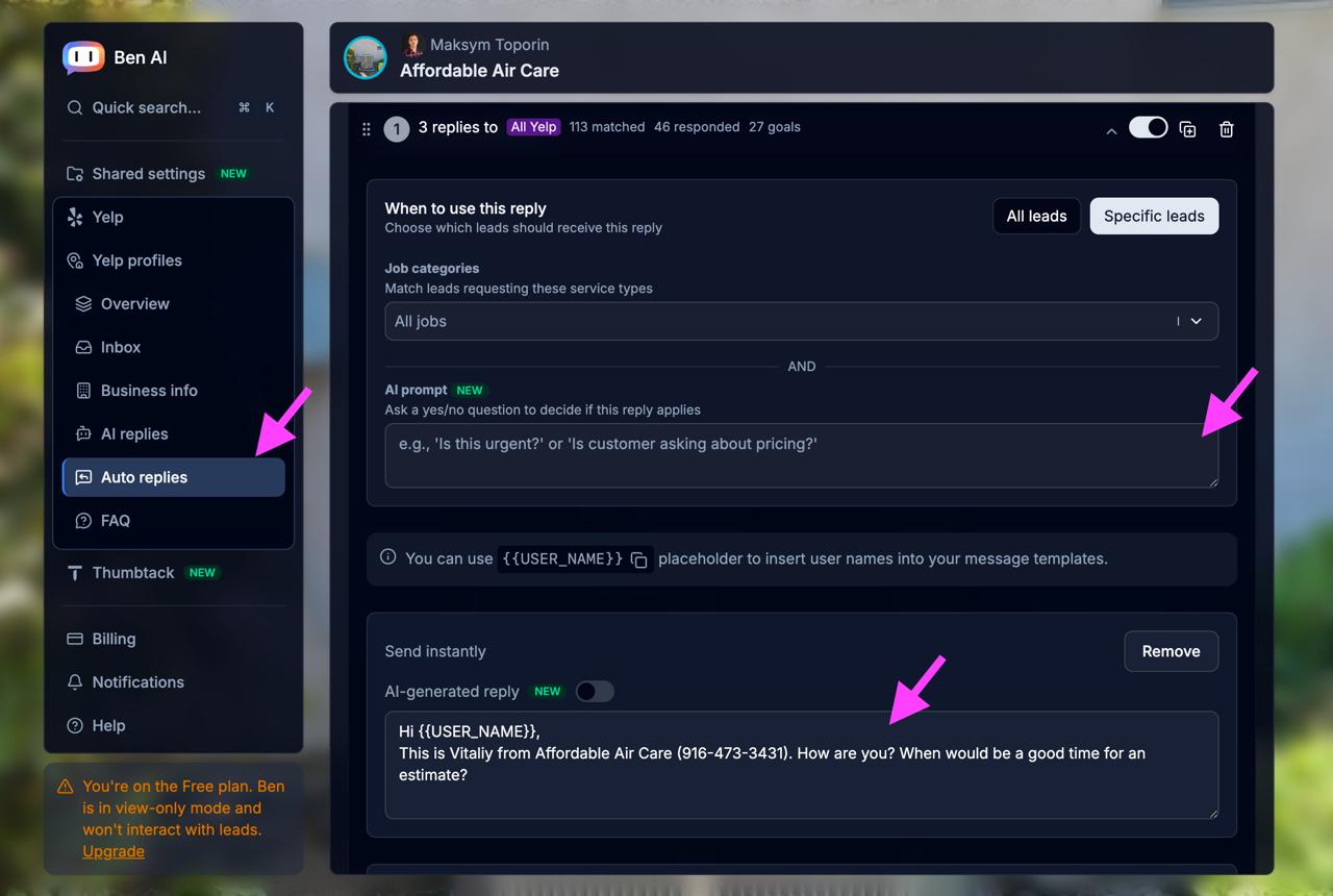 Ben AI Auto replies page showing AI-generated and custom reply options