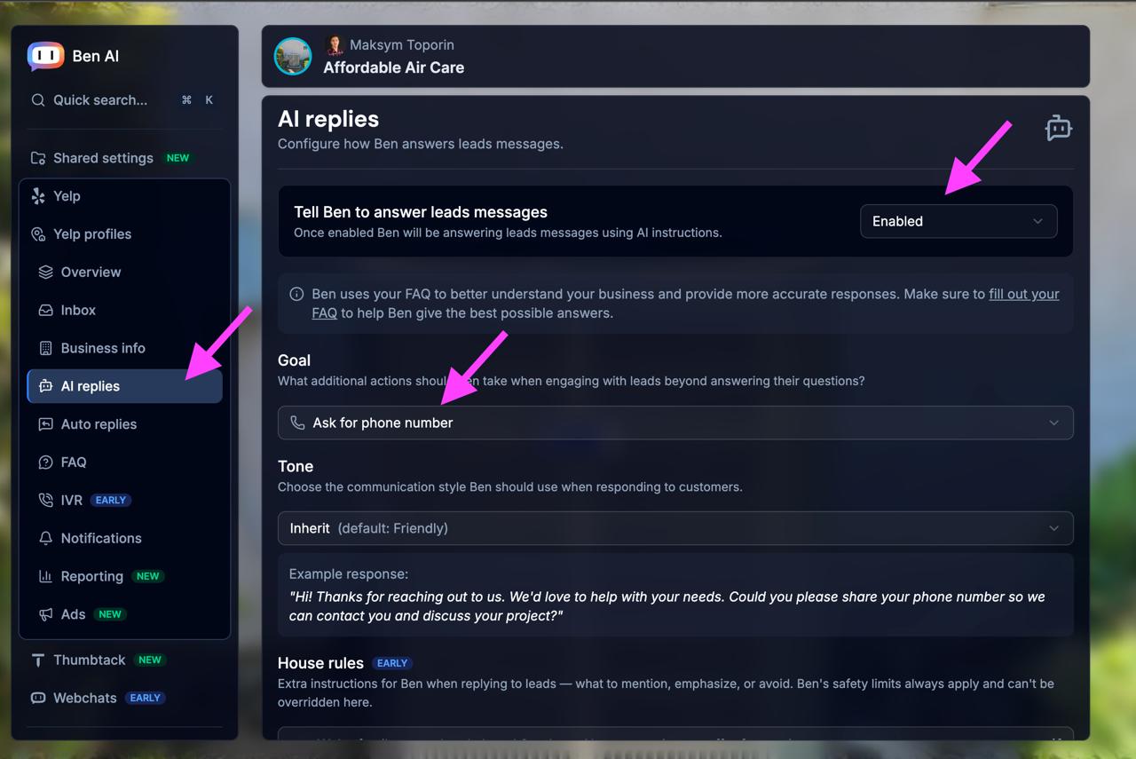 Ben AI replies settings page showing Enabled toggle and Goal selection