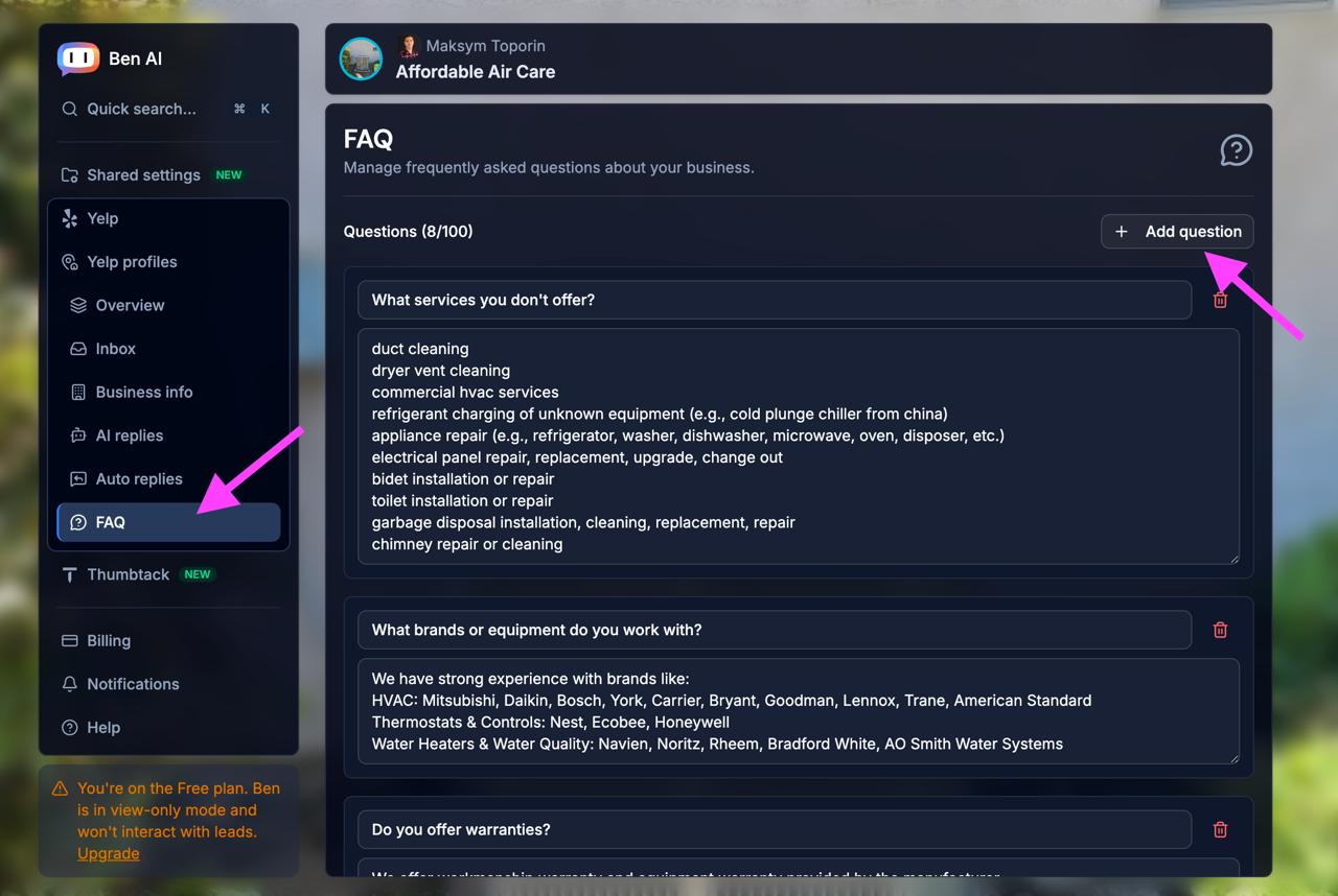 Ben AI FAQ page showing list of questions and answers about the business
