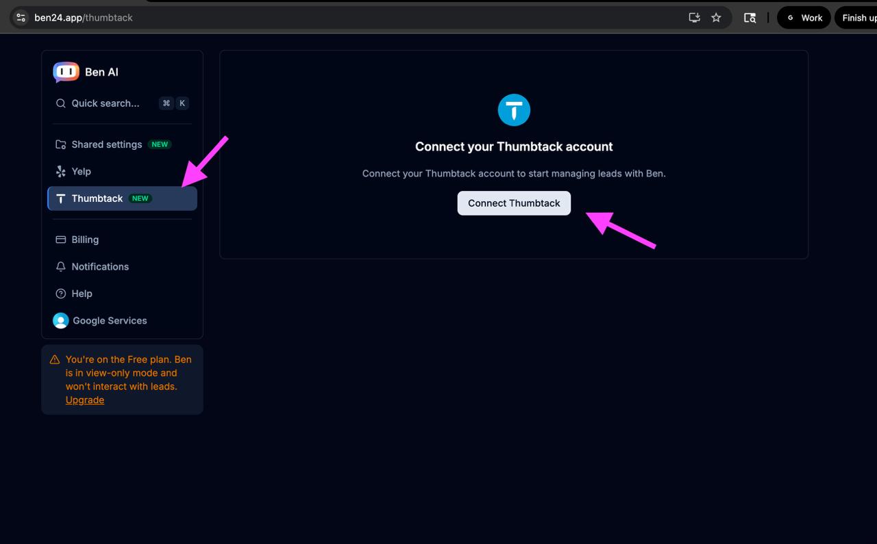 Ben AI Thumbtack connection page showing Connect Thumbtack button