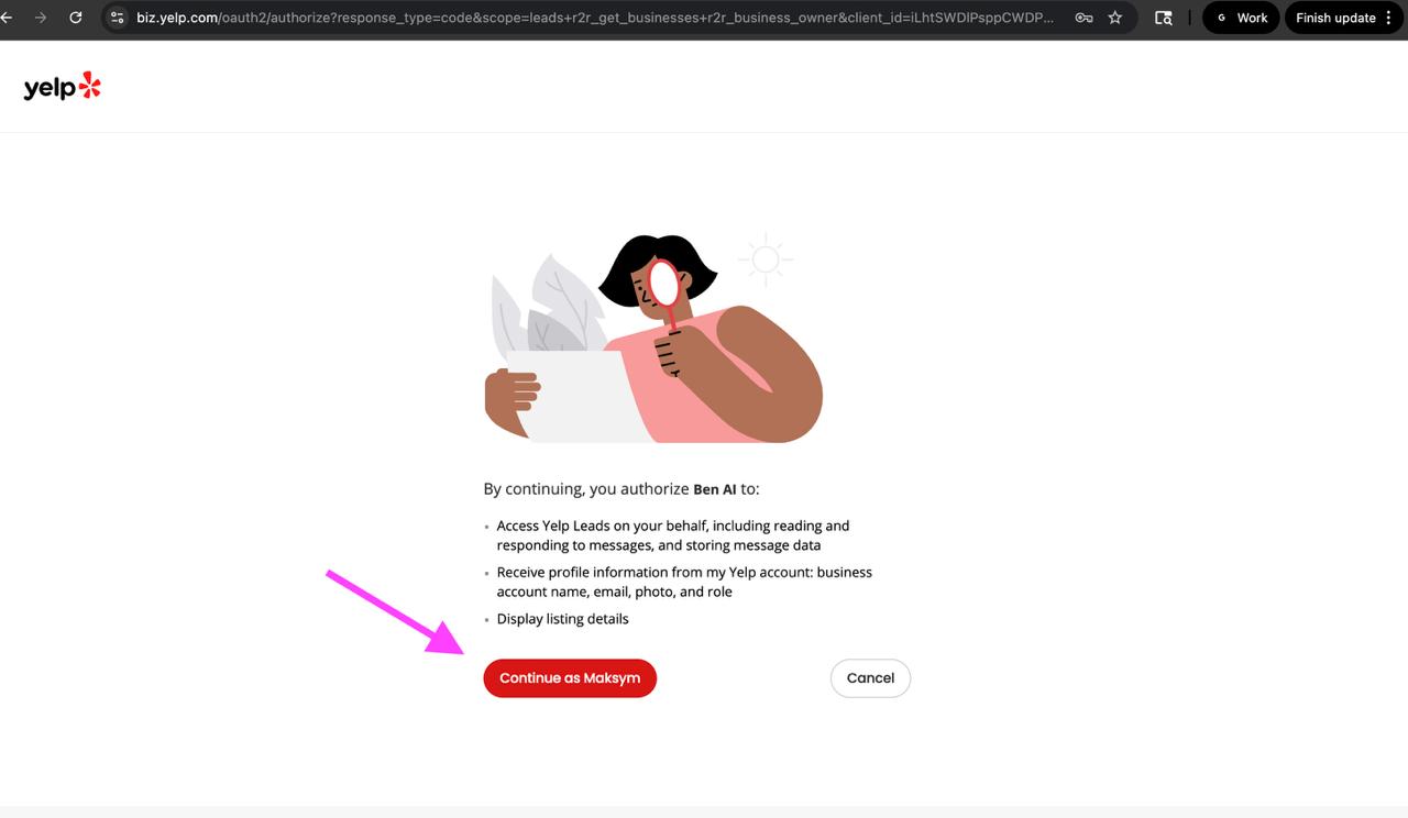 Yelp Business authorization page showing permissions and Continue button