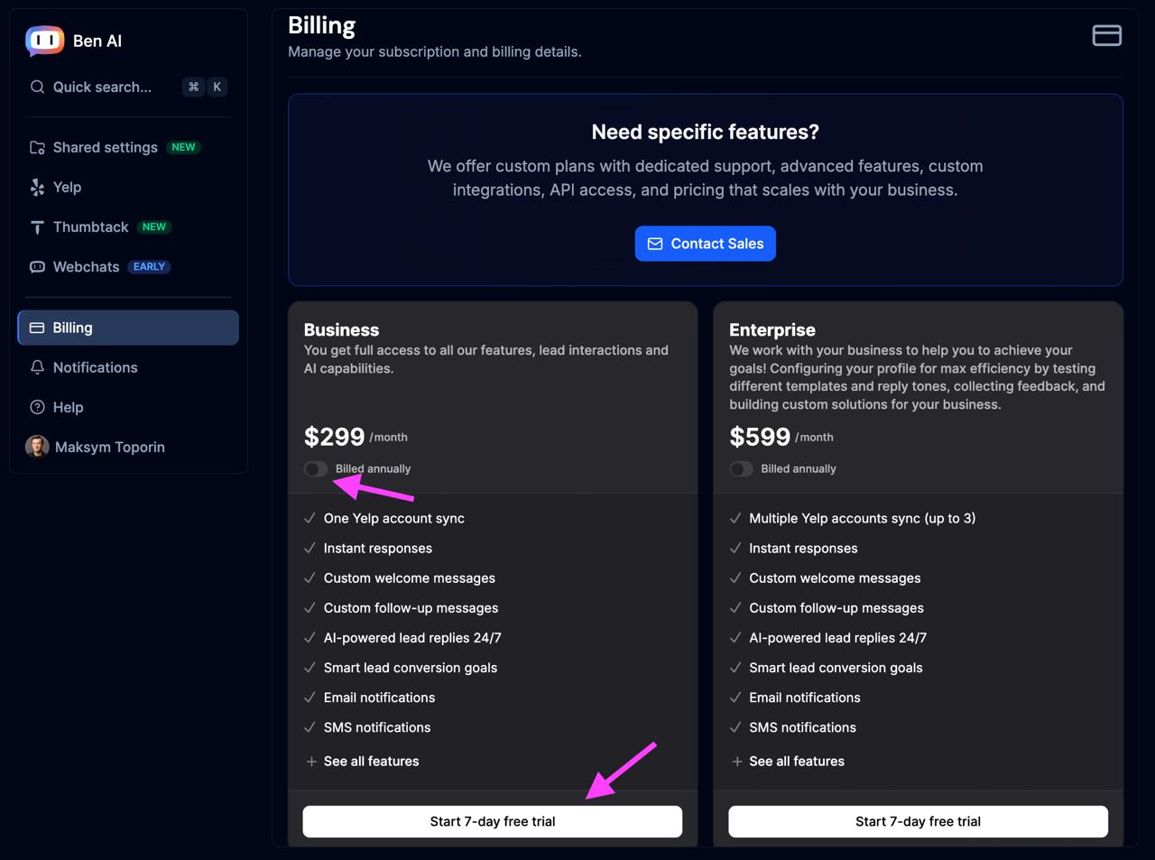 Ben AI billing page showing subscription plans and 7-day free trial button