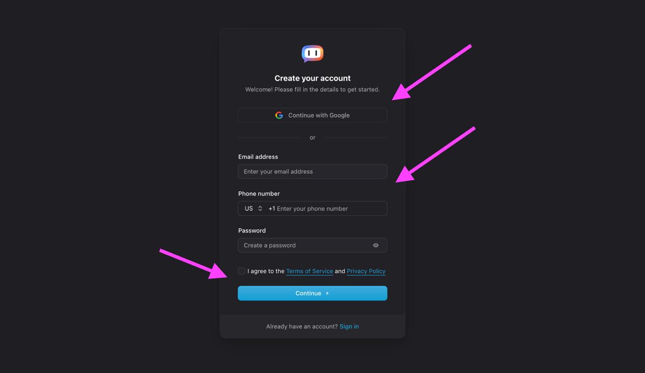 Ben AI registration form with Google sign-up and manual registration options