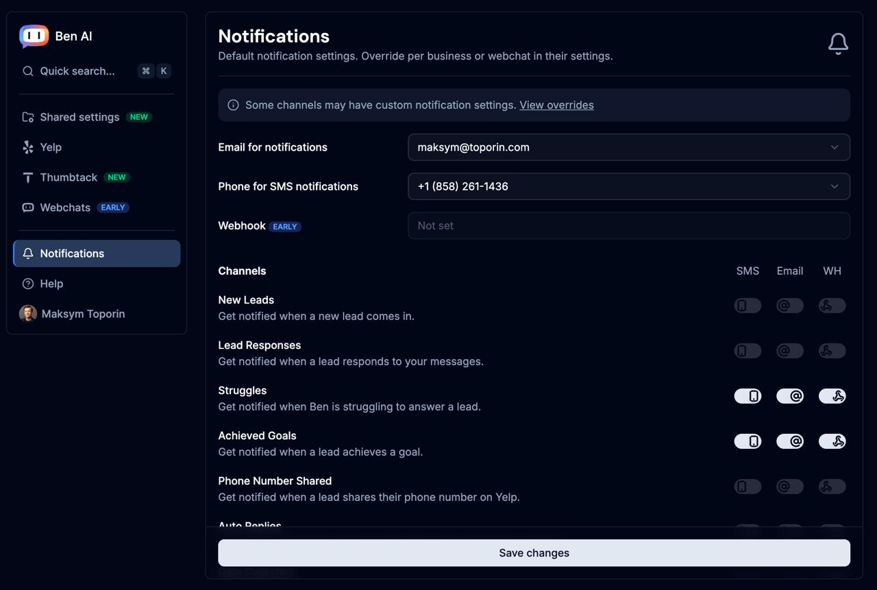 Ben AI Notifications settings page showing email, phone, webhook options and notification types