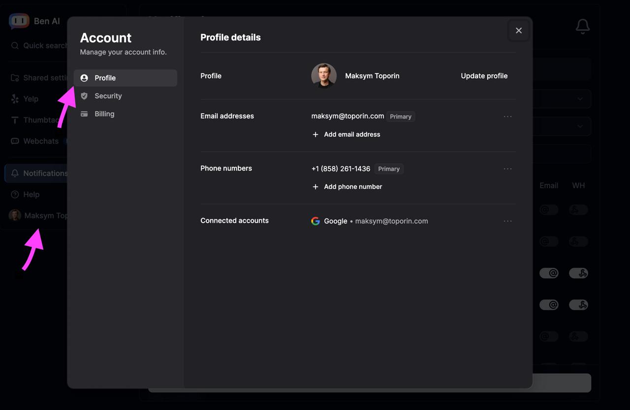 Ben AI Account settings modal showing Profile, Security, and Billing sections