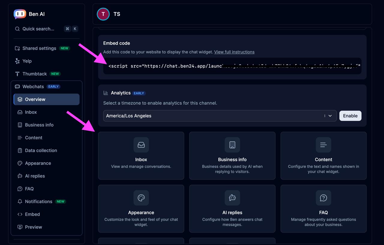 Ben AI Webchat configuration page showing embed code, settings sections, and appearance options