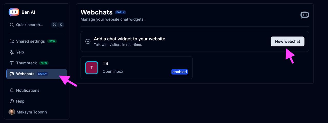 Ben AI Webchats page showing New webchat button